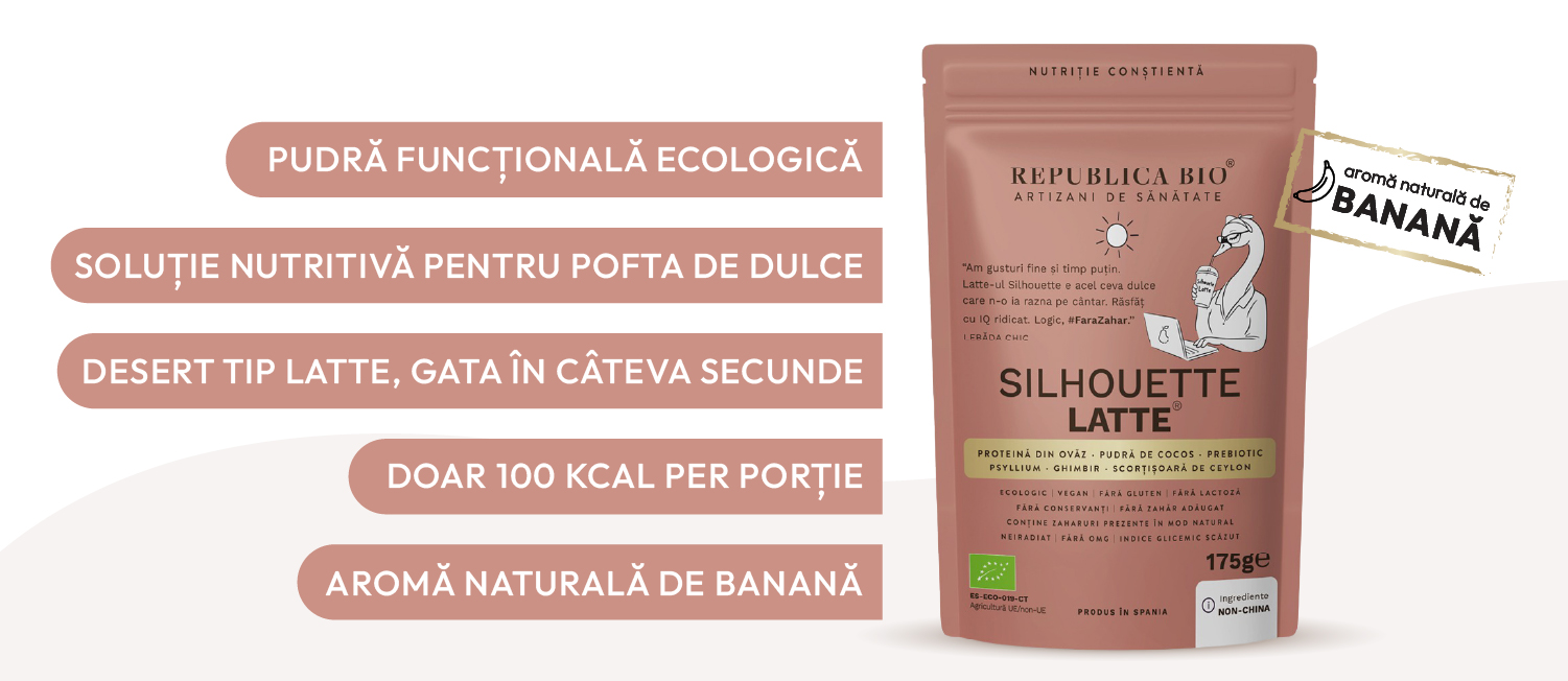 Silhouette Latte: pudră funcțională ecologică, soluție nutritivă pentru pofta de dulce, desert tip latte gata în câteva secunde, doar 100 kcal per porție, aromă naturală de banană